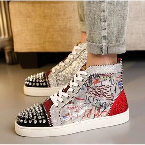 Christian Louboutin Red and Black High-Top Sneakers with Artistic Design
